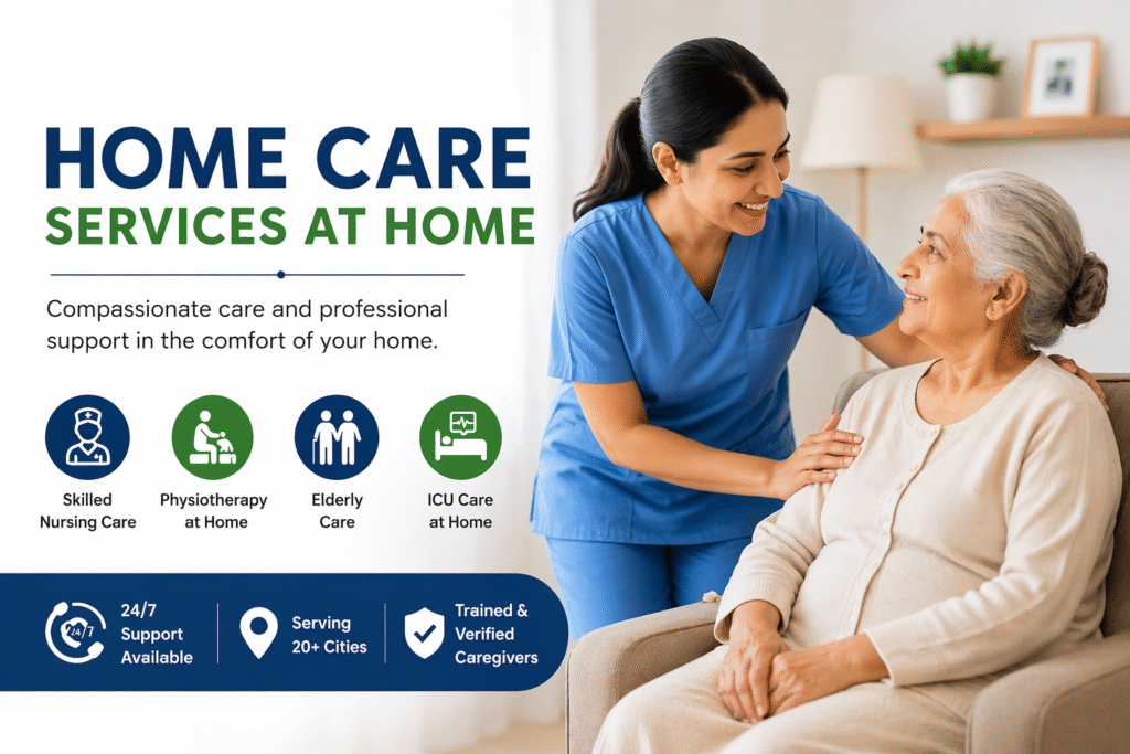 Caregiver providing home care services to an elderly woman, showing compassionate healthcare support at home